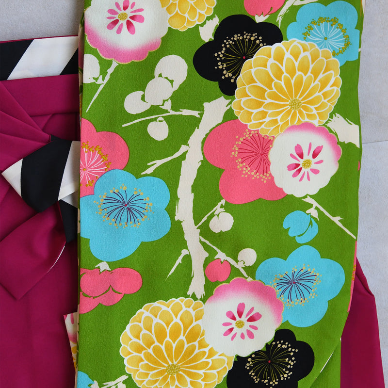 【レンタル】紅一点 2尺袖 袴 17点セット 91-99cm 日本製 レトロモダン系 菊 黄緑系（1020600101）