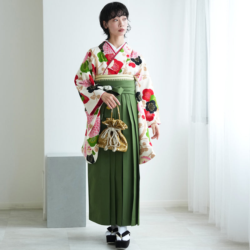【レンタル】紅一点 2尺袖 袴 17点セット 91-99cm 日本製 レトロモダン系 菊 白系（1020600301）