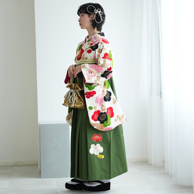 【レンタル】紅一点 2尺袖 袴 17点セット 91-99cm 日本製 レトロモダン系 菊 白系（1020600301）
