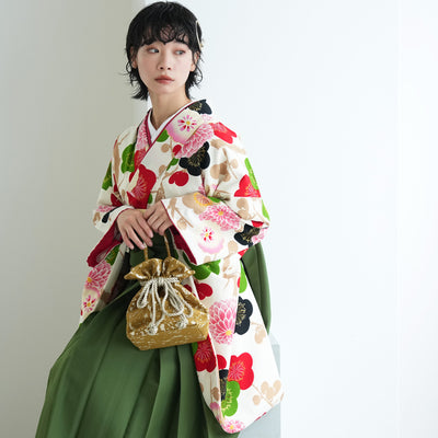 【レンタル】紅一点 2尺袖 袴 17点セット 91-99cm 日本製 レトロモダン系 菊 白系（1020600301）
