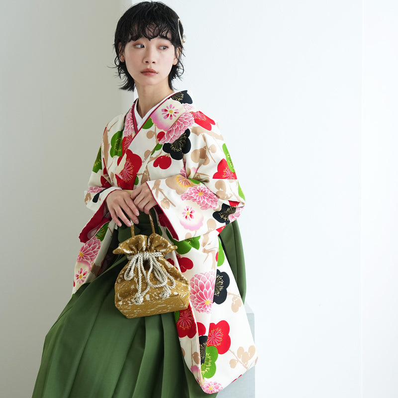 【レンタル】紅一点 2尺袖 袴 17点セット 91-99cm 日本製 レトロモダン系 菊 白系（1020600301）