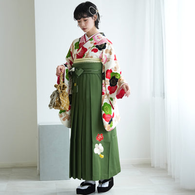 【レンタル】紅一点 2尺袖 袴 17点セット 91-99cm 日本製 レトロモダン系 菊 白系（1020600301）