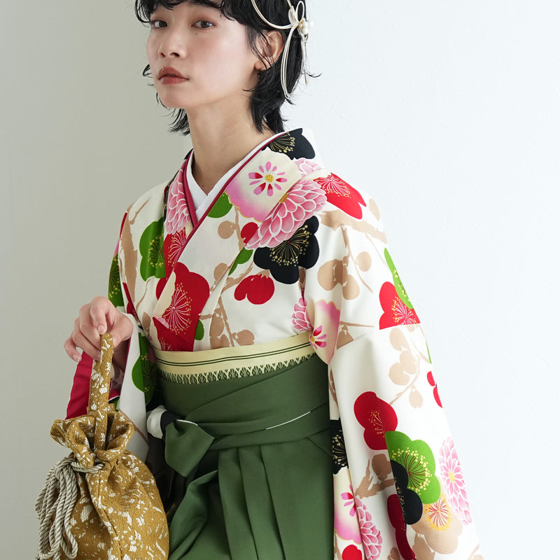 【レンタル】紅一点 2尺袖 袴 17点セット 91-99cm 日本製 レトロモダン系 菊 白系（1020600301）