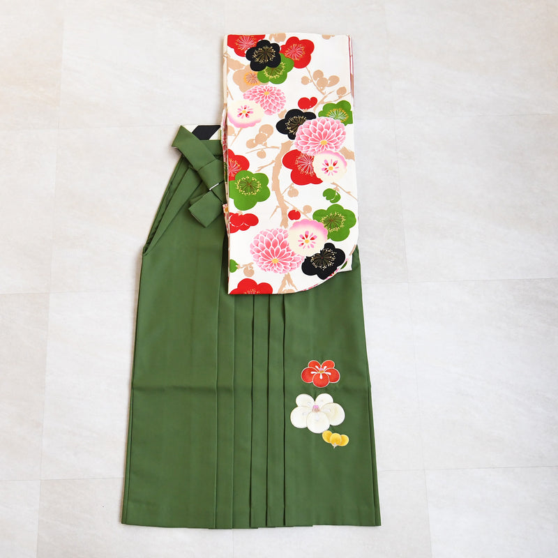 【レンタル】紅一点 2尺袖 袴 17点セット 91-99cm 日本製 レトロモダン系 菊 白系（1020600301）