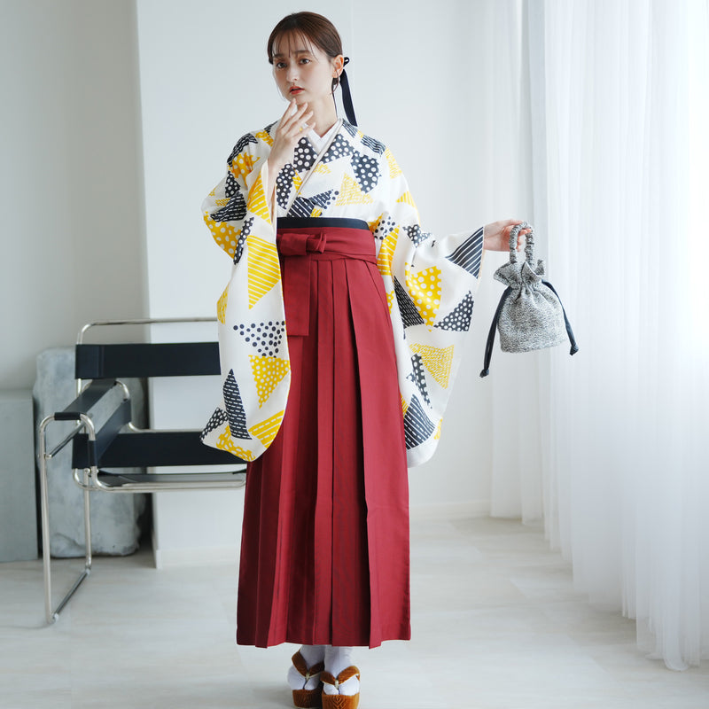 【レンタル】 袴 17点セット ニコアンティーク 二尺袖着物  キイロのサンカク 袴91cm（身長153-158cm） 重ね衿縫い付済  卒業式 大学生 専門学生 （1020624601）