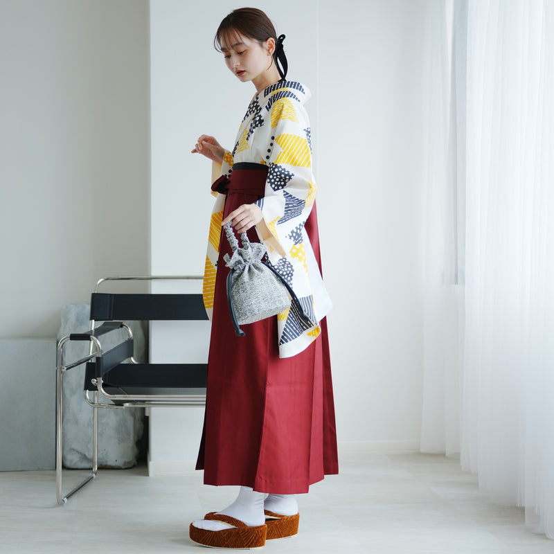 【レンタル】 袴 17点セット ニコアンティーク 二尺袖着物  キイロのサンカク 袴91cm（身長153-158cm） 重ね衿縫い付済  卒業式 大学生 専門学生 （1020624601）