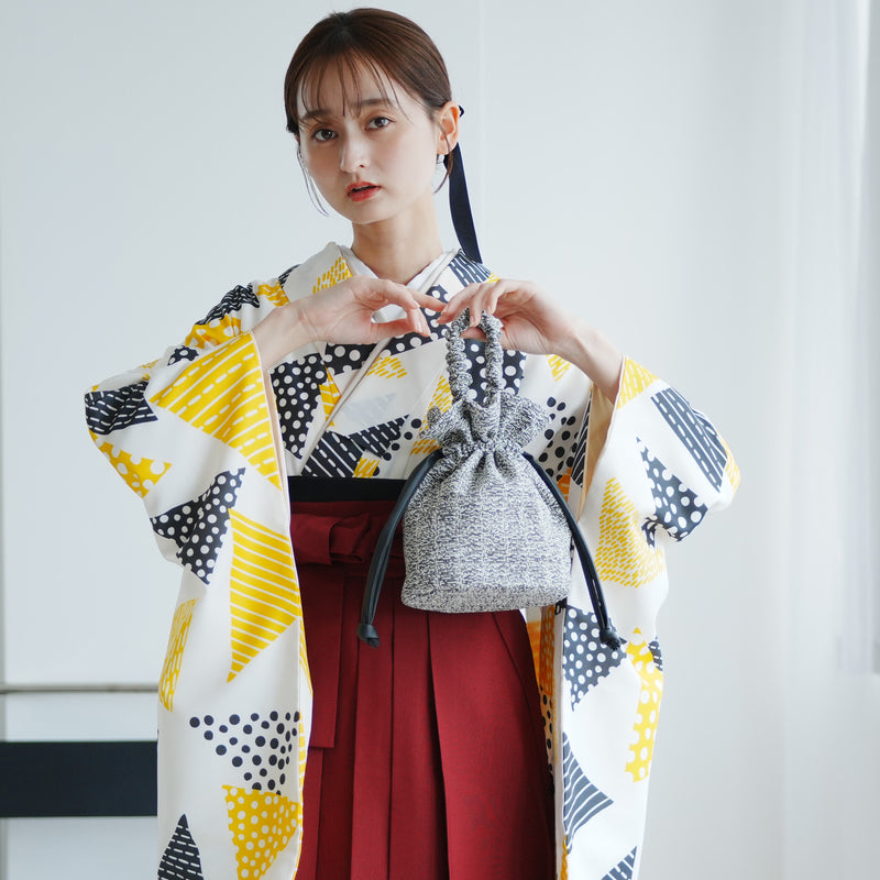 【レンタル】 袴 17点セット ニコアンティーク 二尺袖着物  キイロのサンカク 袴91cm（身長153-158cm） 重ね衿縫い付済  卒業式 大学生 専門学生 （1020624601）