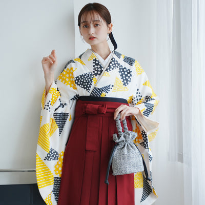 【レンタル】 袴 17点セット ニコアンティーク 二尺袖着物  キイロのサンカク 袴91cm（身長153-158cm） 重ね衿縫い付済  卒業式 大学生 専門学生 （1020624601）