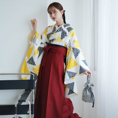 【レンタル】 袴 17点セット ニコアンティーク 二尺袖着物  キイロのサンカク 袴91cm（身長153-158cm） 重ね衿縫い付済  卒業式 大学生 専門学生 （1020624601）