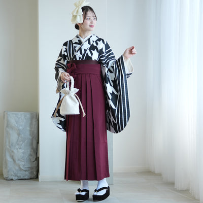 【レンタル】 袴 17点セット ニコアンティーク 二尺袖着物  ブラック千鳥ストライプ 袴91cm（身長153-158cm） 重ね衿縫い付済  卒業式 大学生 専門学生 （1020625401）