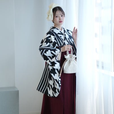 【レンタル】 袴 17点セット ニコアンティーク 二尺袖着物  ブラック千鳥ストライプ 袴91cm（身長153-158cm） 重ね衿縫い付済  卒業式 大学生 専門学生 （1020625401）