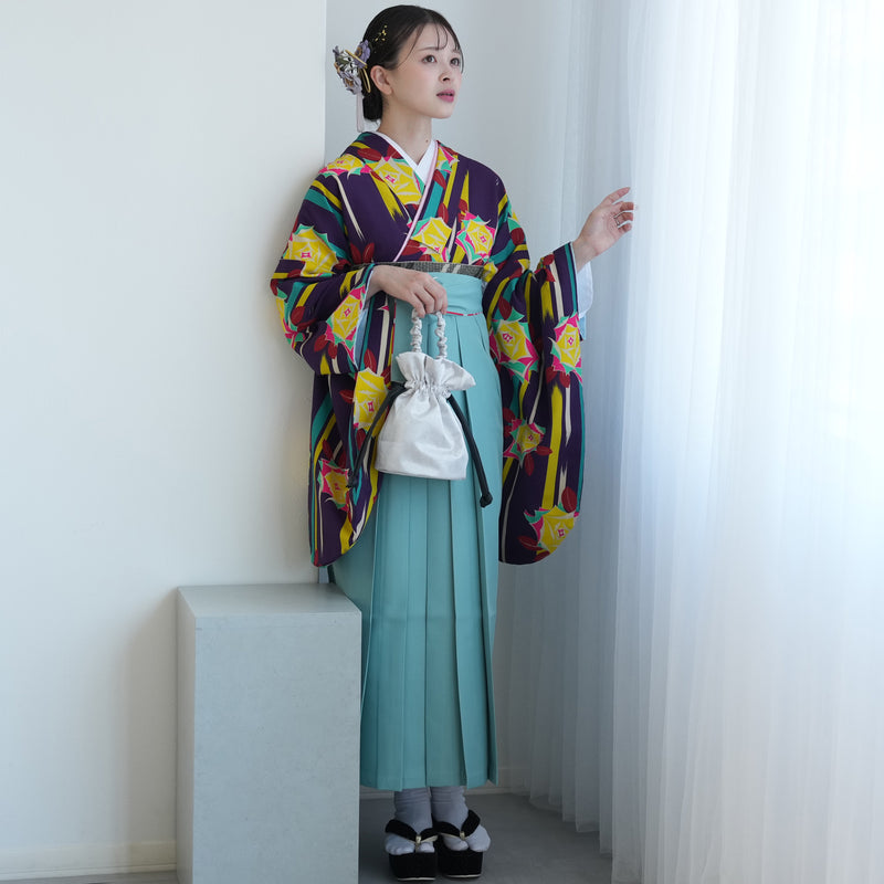 【レンタル】2尺袖 袴 17点セット 91cm 国内染色 レトロモダン系 ばら 紫系（1020634411）