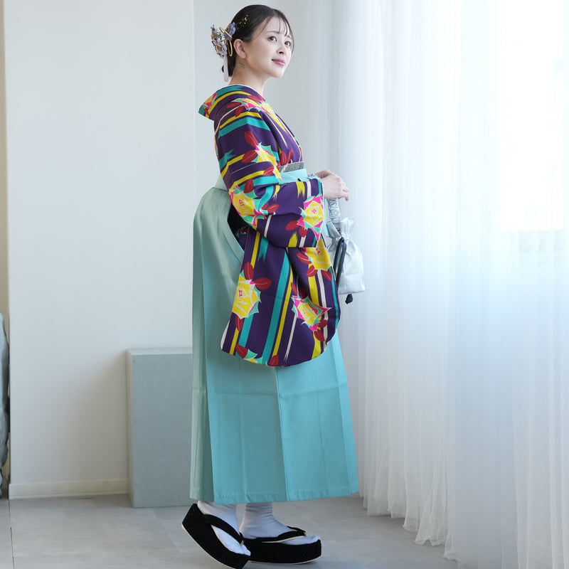 【レンタル】2尺袖 袴 17点セット 91cm 国内染色 レトロモダン系 ばら 紫系（1020634411）