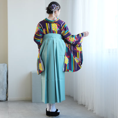 【レンタル】2尺袖 袴 17点セット 91cm 国内染色 レトロモダン系 ばら 紫系（1020634411）