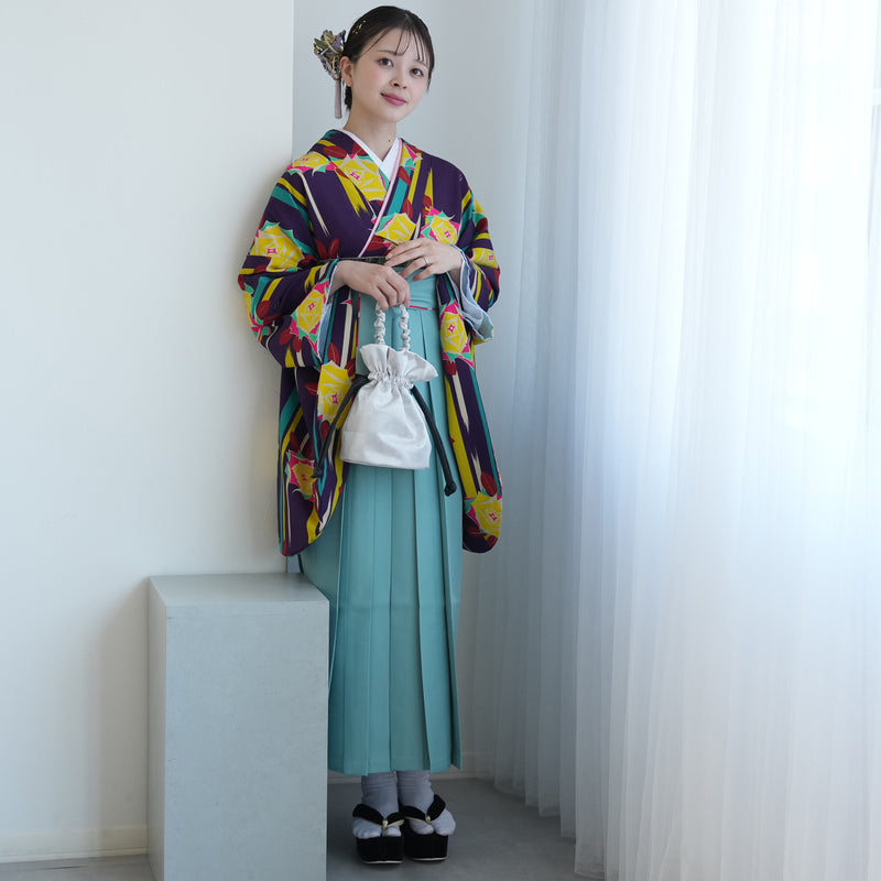 【レンタル】2尺袖 袴 17点セット 91cm 国内染色 レトロモダン系 ばら 紫系（1020634411）