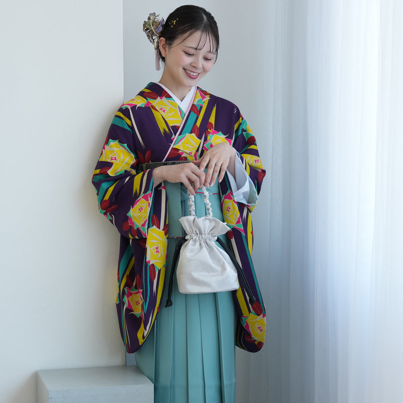 【レンタル】2尺袖 袴 17点セット 91cm 国内染色 レトロモダン系 ばら 紫系（1020634411）