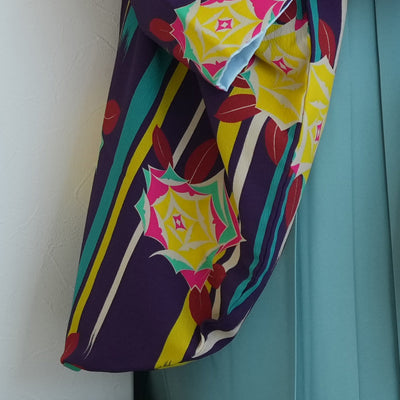 【レンタル】2尺袖 袴 17点セット 91cm 国内染色 レトロモダン系 ばら 紫系（1020634411）