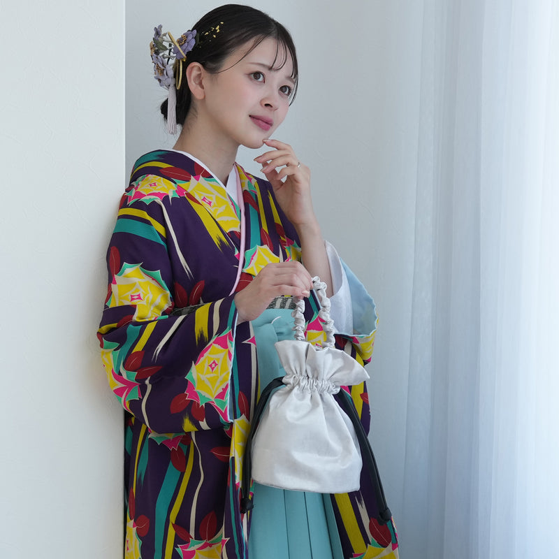 【レンタル】2尺袖 袴 17点セット 91cm 国内染色 レトロモダン系 ばら 紫系（1020634411）