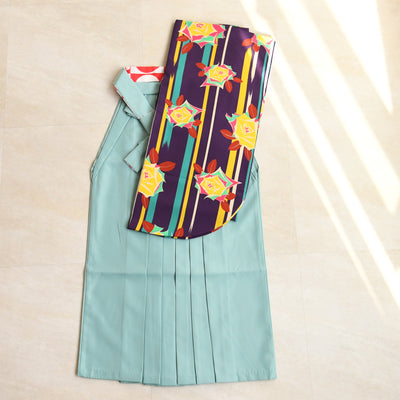 【レンタル】2尺袖 袴 17点セット 91cm 国内染色 レトロモダン系 ばら 紫系（1020634411）