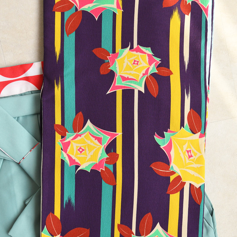 【レンタル】2尺袖 袴 17点セット 91cm 国内染色 レトロモダン系 ばら 紫系（1020634411）