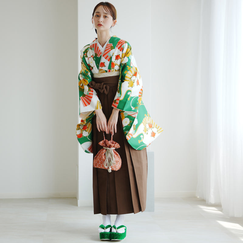 【レンタル】 袴 17点セット ニコアンティーク 緑系 二尺袖着物   袴91cm（身長153-158cm） 重ね衿縫い付済  卒業式 大学生 専門学生 （1020637302）