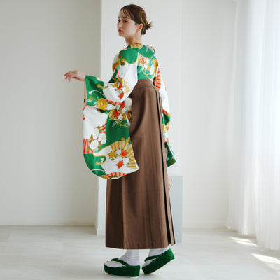 【レンタル】 袴 17点セット ニコアンティーク 緑系 二尺袖着物   袴91cm（身長153-158cm） 重ね衿縫い付済  卒業式 大学生 専門学生 （1020637302）