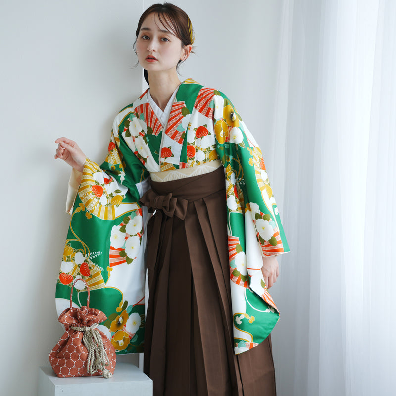 【レンタル】 袴 17点セット ニコアンティーク 緑系 二尺袖着物   袴91cm（身長153-158cm） 重ね衿縫い付済  卒業式 大学生 専門学生 （1020637302）