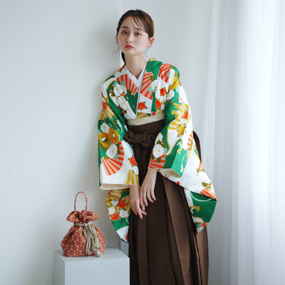 【レンタル】 袴 17点セット ニコアンティーク 緑系 二尺袖着物   袴91cm（身長153-158cm） 重ね衿縫い付済  卒業式 大学生 専門学生 （1020637302）