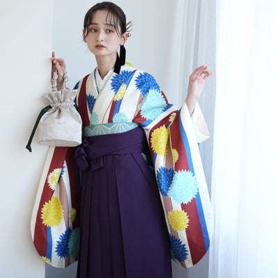 【レンタル】2尺袖 袴 17点セット 91cm 国内染色 レトロモダン系 ストライプ 赤系（1020638911）