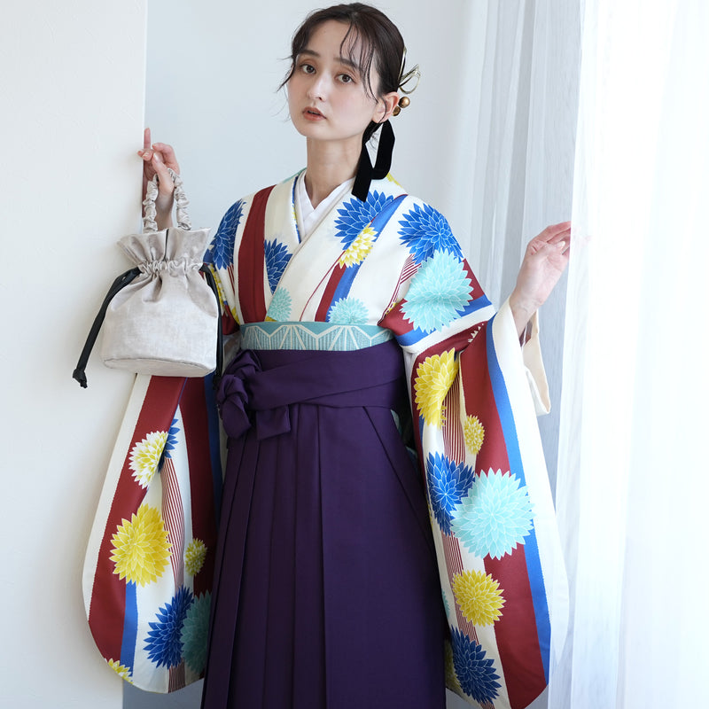 【レンタル】2尺袖 袴 17点セット 91cm 国内染色 レトロモダン系 ストライプ 赤系（1020638911）
