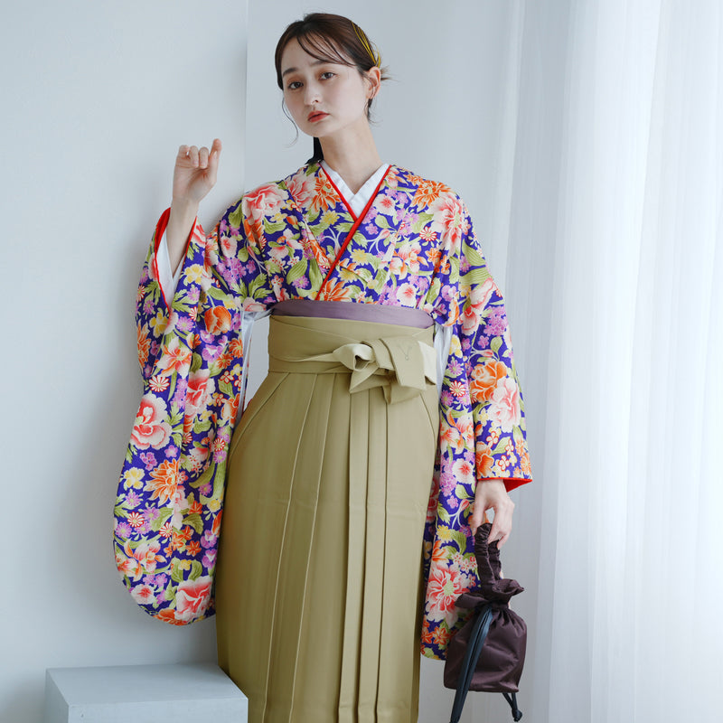 【レンタル】 袴 17点セット  モダンアンテナ　二尺袖着物 紫に古布アンティークタッチ花づくし  重ね衿縫い付済  卒業式 大学生 専門学生（1020647301）