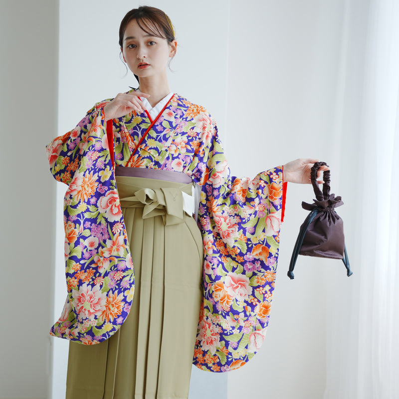 【レンタル】 袴 17点セット  モダンアンテナ　二尺袖着物 紫に古布アンティークタッチ花づくし  重ね衿縫い付済  卒業式 大学生 専門学生（1020647301）