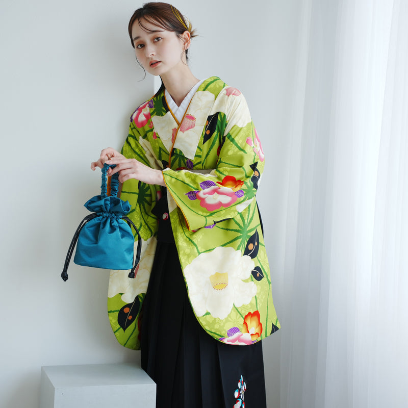 【レンタル】 袴 17点セット  emma×紅一点　二尺袖着物 きみどり麻の葉つばき  重ね衿縫い付済  卒業式 大学生 専門学生（1020647901）
