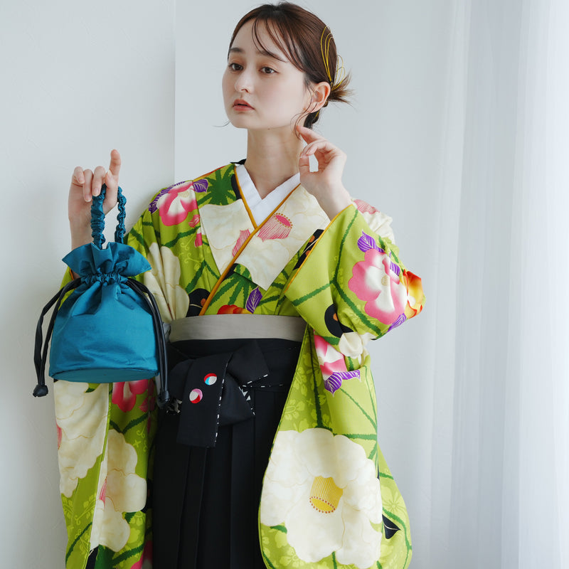 【レンタル】 袴 17点セット  emma×紅一点　二尺袖着物 きみどり麻の葉つばき  重ね衿縫い付済  卒業式 大学生 専門学生（1020647901）