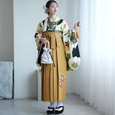 【レンタル品】紅一点 2尺袖 袴 17点セット 91-99cm 日本製 レトロモダン系 菊 黄緑系（1020648201）