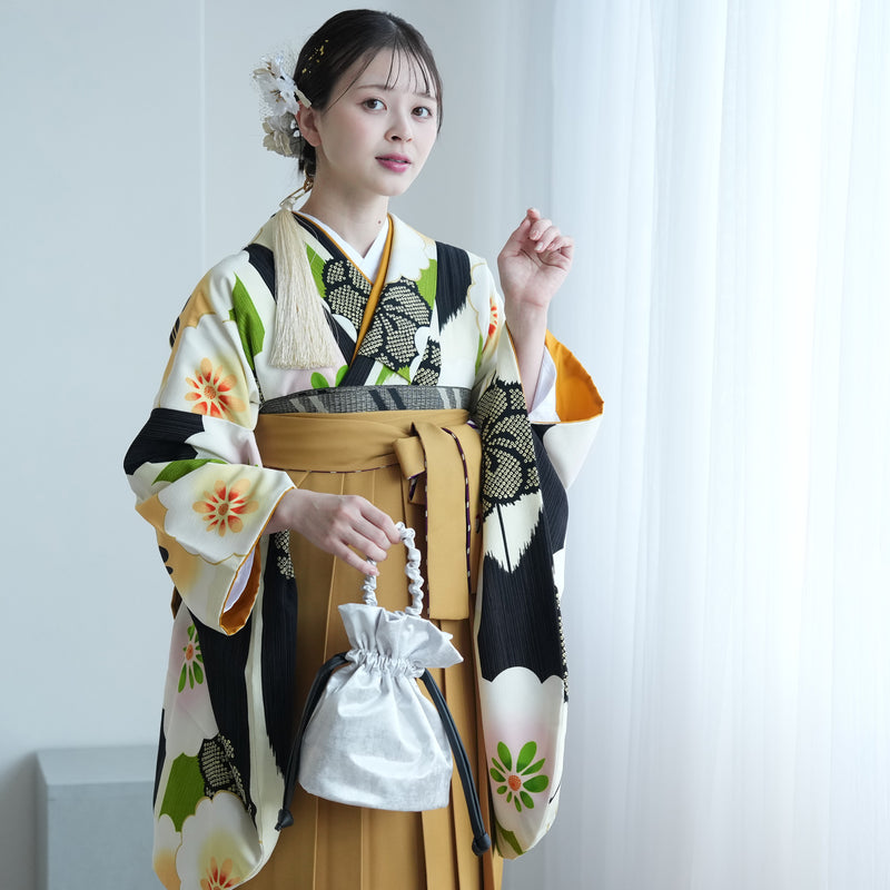 【レンタル品】紅一点 2尺袖 袴 17点セット 91-99cm 日本製 レトロモダン系 菊 黄緑系（1020648201）