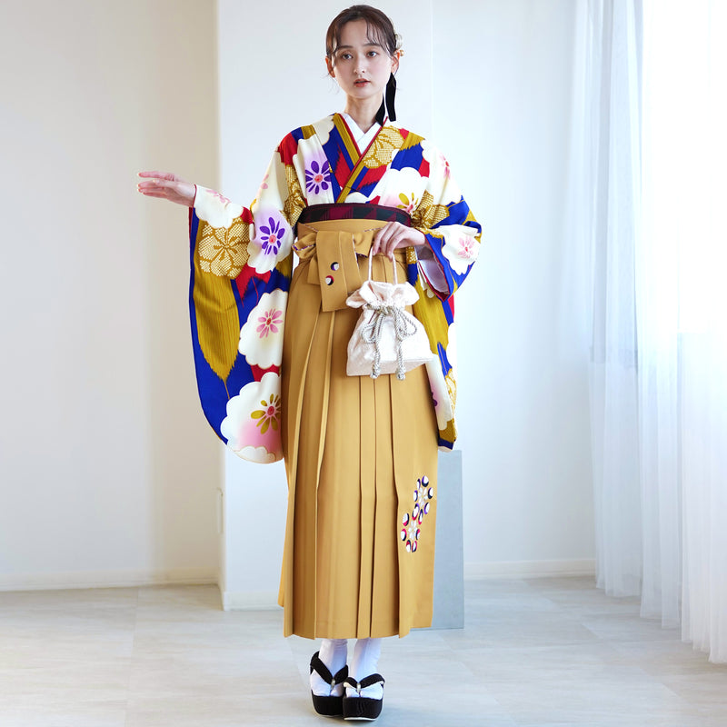 【レンタル品】紅一点 2尺袖 袴 17点セット 91-99cm 日本製 レトロモダン系 菊 青系（1020648301）