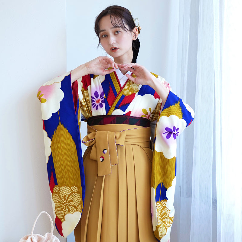 【レンタル品】紅一点 2尺袖 袴 17点セット 91-99cm 日本製 レトロモダン系 菊 青系（1020648301）