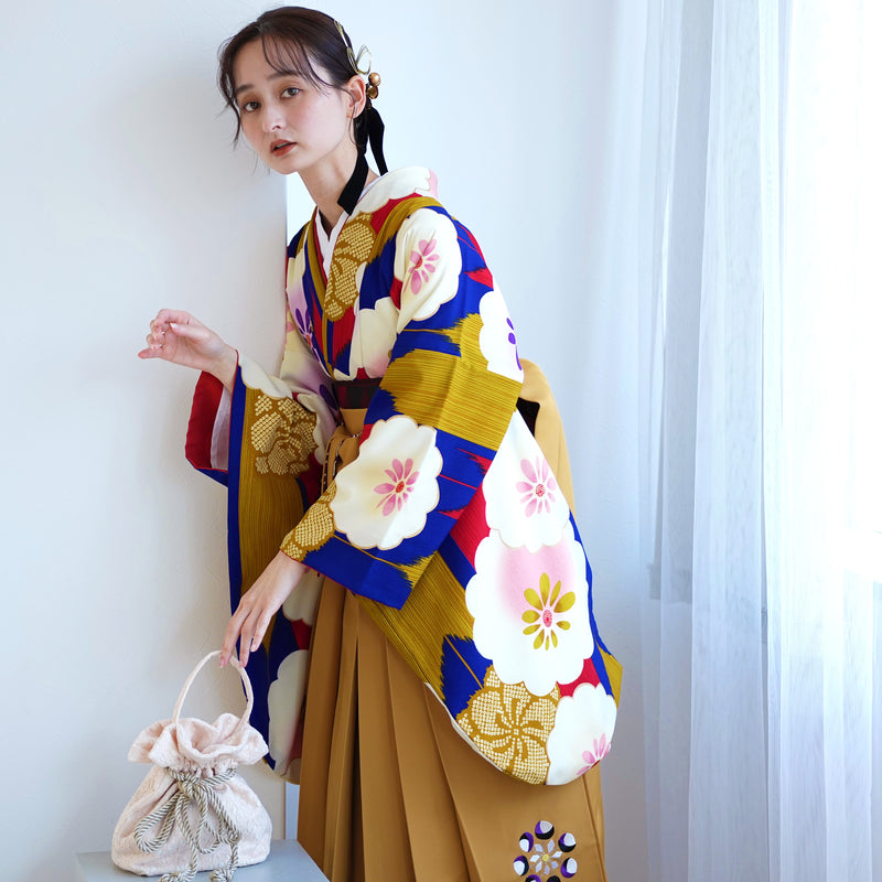 【レンタル品】紅一点 2尺袖 袴 17点セット 91-99cm 日本製 レトロモダン系 菊 青系（1020648301）