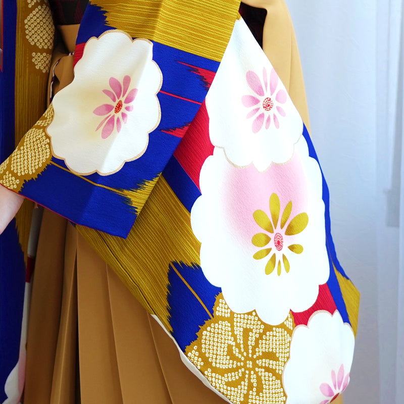 【レンタル品】紅一点 2尺袖 袴 17点セット 91-99cm 日本製 レトロモダン系 菊 青系（1020648301）