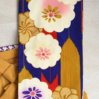 【レンタル品】紅一点 2尺袖 袴 17点セット 91-99cm 日本製 レトロモダン系 菊 青系（1020648301）