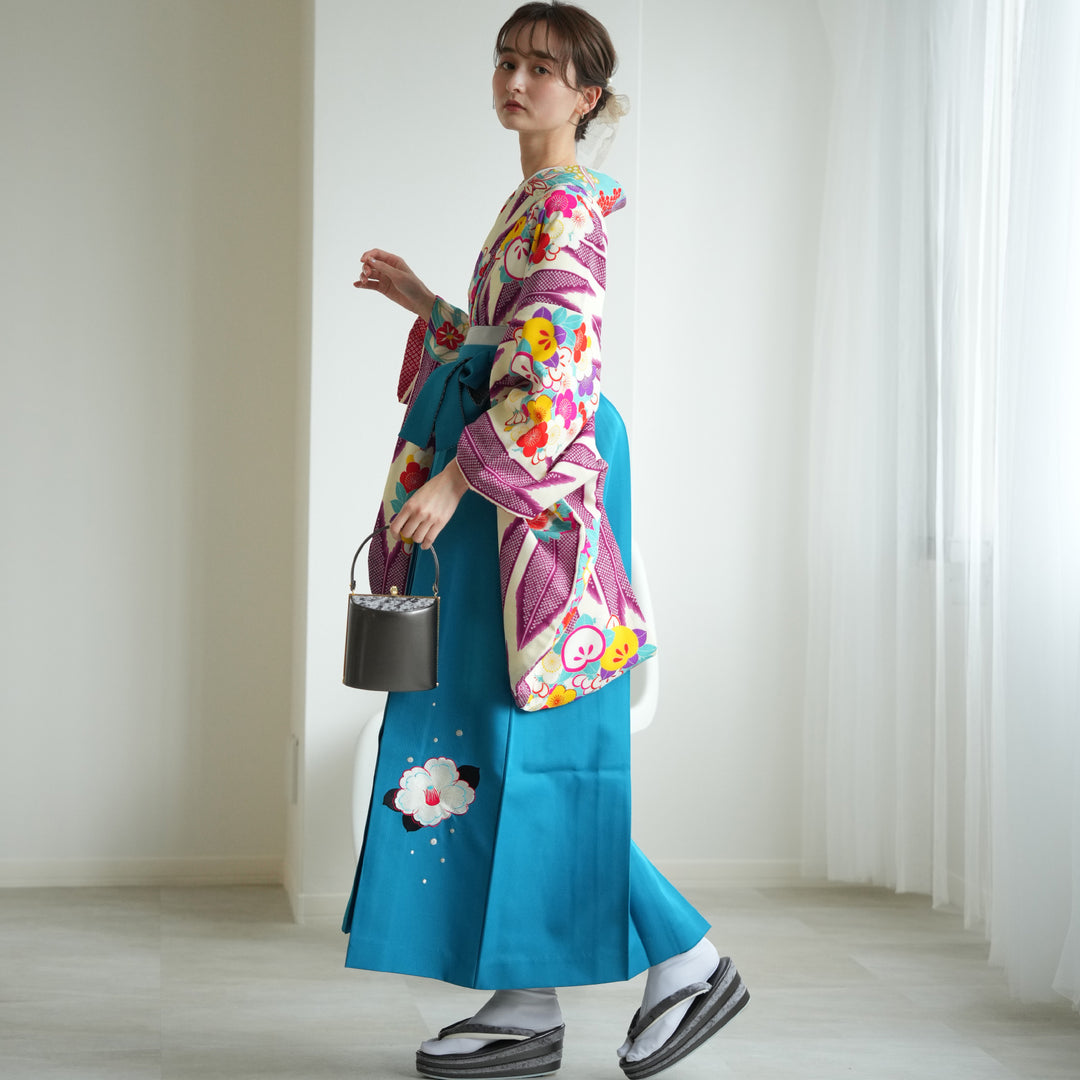 レンタル】袴 17点セット 九重 日本製 紫の矢絣と花乙女 二尺袖着物