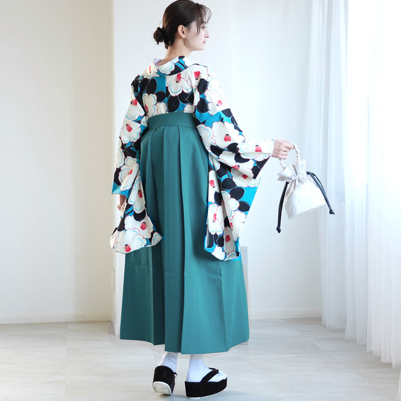【レンタル品】九重 2尺袖 袴 17点セット 91-99cm 日本製 レトロモダン系 椿 水色系（1020649201）