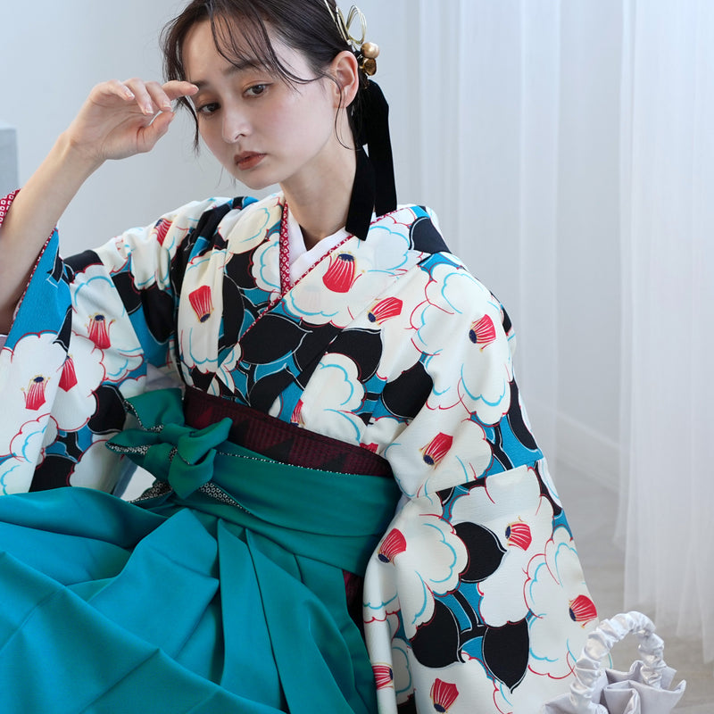 【レンタル品】九重 2尺袖 袴 17点セット 91-99cm 日本製 レトロモダン系 椿 水色系（1020649201）