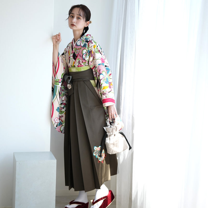 【レンタル】九重 2尺袖 袴 17点セット 91-99cm 日本製 レトロモダン系 橘 ベージュ系（1020654501）