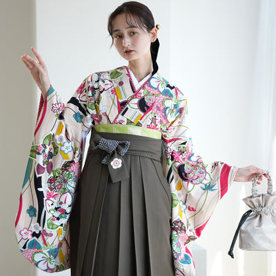 【レンタル】九重 2尺袖 袴 17点セット 91-99cm 日本製 レトロモダン系 橘 ベージュ系（1020654501）