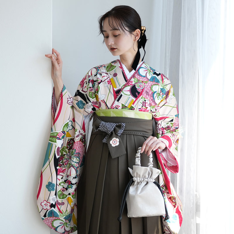 【レンタル】九重 2尺袖 袴 17点セット 91-99cm 日本製 レトロモダン系 橘 ベージュ系（1020654501）