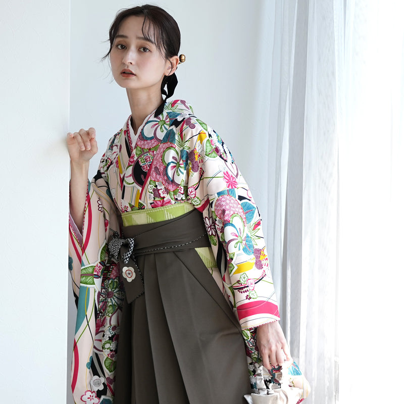 【レンタル】九重 2尺袖 袴 17点セット 91-99cm 日本製 レトロモダン系 橘 ベージュ系（1020654501）