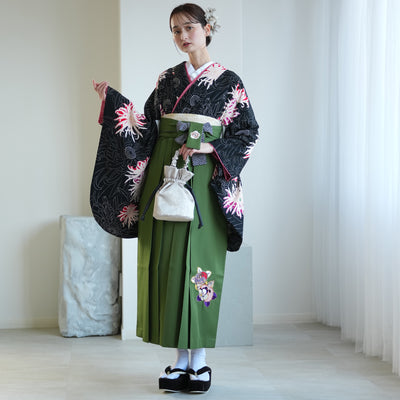 【レンタル】九重 2尺袖 袴 17点セット 91-99cm 日本製 レトロモダン系 糸菊 黒系（1020654701）