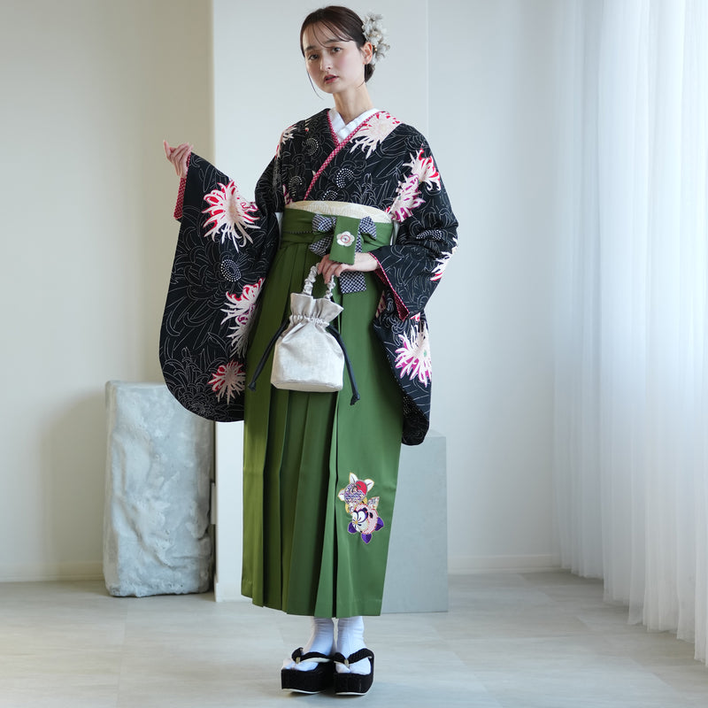 【レンタル】九重 2尺袖 袴 17点セット 91-99cm 日本製 レトロモダン系 糸菊 黒系（1020654701）